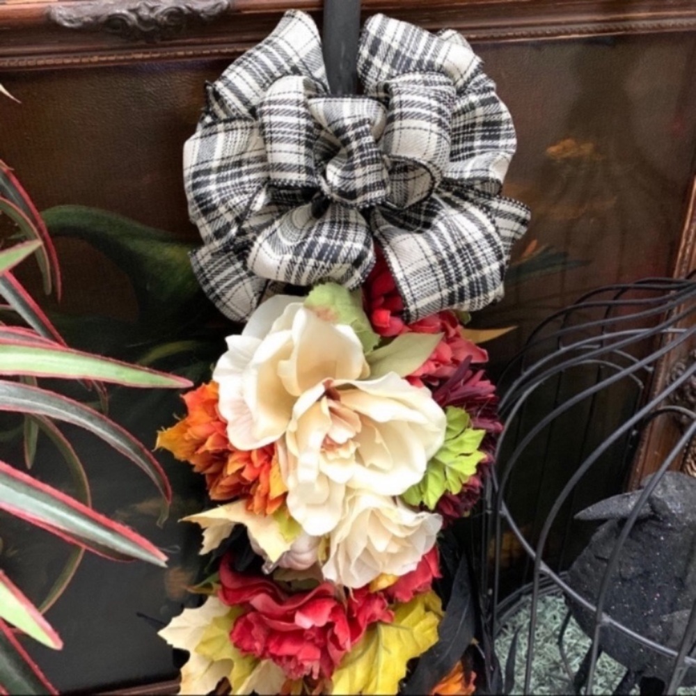 Handcrafted Fall floral decorated broom with a black & cream plaid bow - Picture 5 of 6